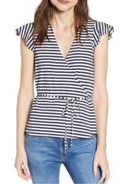 J. Crew Navy Blue and White Striped Knit Wrap Top Tee Tie Belt